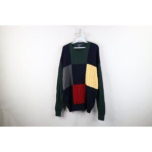 Vintage 90s Nautica Mens XL Checkered Color Block Cable Ribbed Knit Sweater